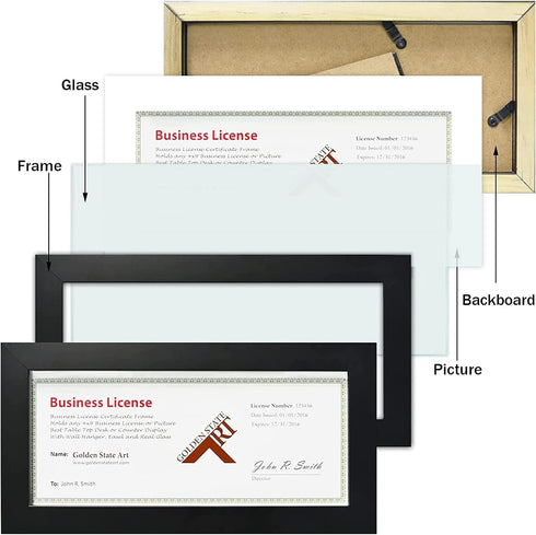 Golden State Art Wood Frame for 4x9 Business License Certificate with Real Glass & Table-top Display, Black