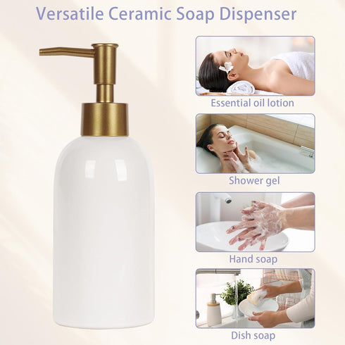 Natheeph 14OZ Ceramic Soap Dispenser, White Pump for Bathroom/Kitchen Liquid Filling