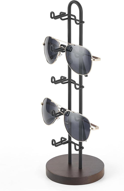 Mkono Sunglasses Organizer for 5 Pairs, Glasses Holder Stand with Metal Frame and Wood Base for Table Display