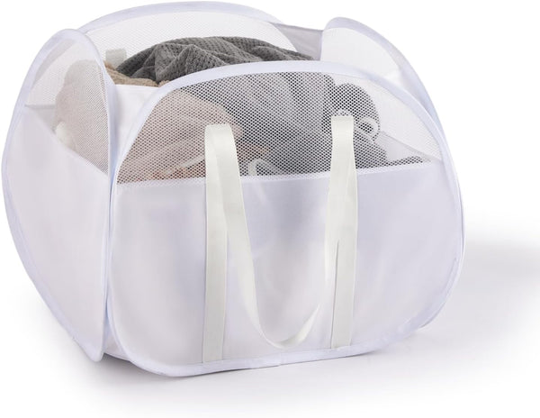 TECHMILLY Pop Up Foldable Laundry Basket, 90L Large Capacity Hamper for Dirty Clothes Storage, White
