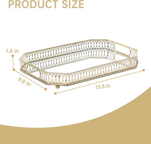 TEITEAI Bar Cart Tray, Decorative Mirrored Tray with Handles, Large Capacity Organizer, Gold