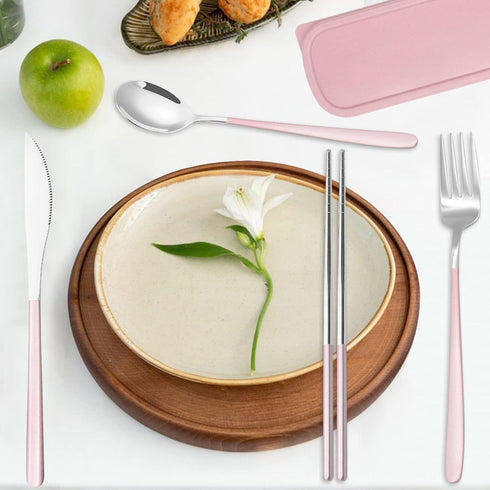 Portable Travel Utensils Set with Case, Pink Reusable Silverware Set, TWUTGAYW 18/8 Stainless Steel Knife Forks Spoons Chopsticks Reusable Travel Camping Cutlery for Lunch Box Office Picnic Daily Use by TWUTGAYW