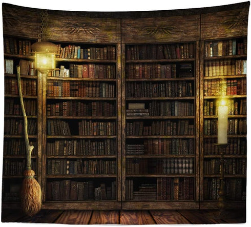 Kanora Vintage Bookshelf Wall Hanging - Study Room Picture Tapestry Retro Bookshelf Wall Art Library Bohemian Hippie