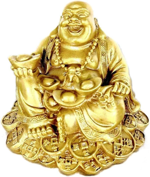 SMRTHMRT Feng Shui Decor Laughing Buddha Statue, Maitreya Figurine Carrying Money Bag, Brass Sculptures