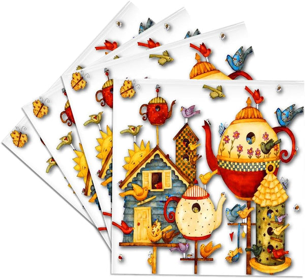 3dRose cst_184658_3 Pretty Decorative Teapots and Birdhouses, Ceramic Tile Coasters, Set of 4