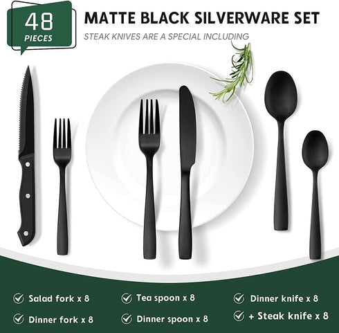 Hiware 48-Piece Matte Black Silverware Set, Stainless Steel Cutlery Set for 8 with Steak Knives