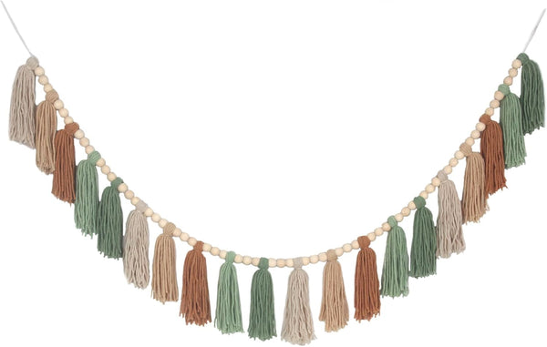 Sage Green Brown Boho Yarn Wood Bead Tassel Garland Wall Hanging Decor