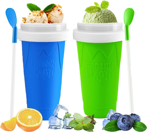 Slushie Cup, 2 Packs Magic Quick Frozen Smoothies Cup, Portable Double Layer Slushy Maker with Straw and Spoon