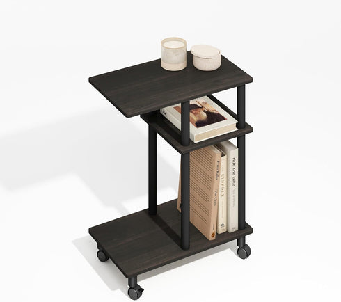 3-Tier Furinno Turn-N-Tube Side Table, C-Shape End Table with Wheels, Toolless Assembly Night Stand, Bedside Table