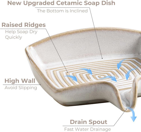 Countertop, Soap Dishes, Ceramic Shower Soap Dish with Waterfall Design Bar Soap Holder Self Draining Soap Saver