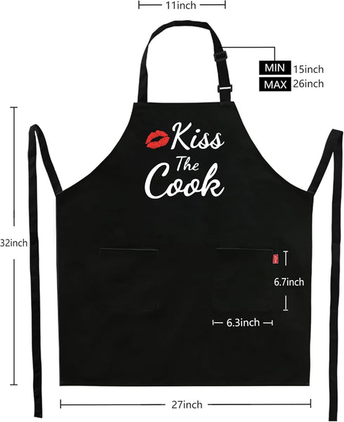 Funny Aprons for Women Men - Kiss the Cook Apron, Funny Chef Cooking BBQ Grill Aprons with 2 Pockets, Gift for Mom, Dad