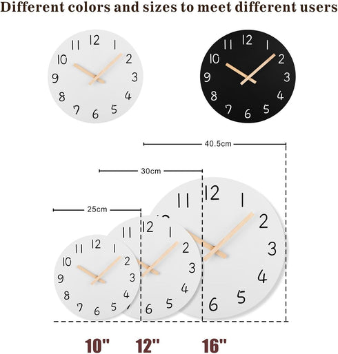 Plumeet 10'' Wooden Wall Clock (White) Small Frameless Clocks with Silent Quartz Movement, Battery Operated