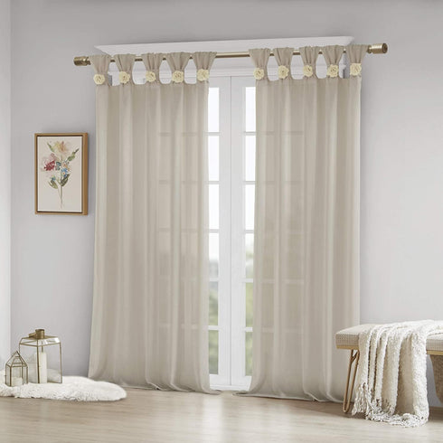 Madison Park Rosette Floral Embellished Cuff Tab Top Solid Sheer Curtain Panel Drape for Bedroom, 50"x84"