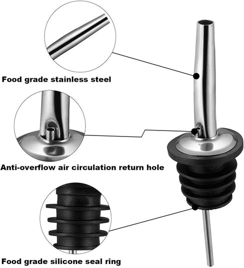 BALTRE 6PCS Liquor Bottle Pourers, Stainless Steel Olive Oil Spouts, Bottle Pourers for Alcohol, Olive Oil, With Dust