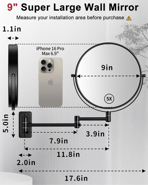 9" 1X/10X 360 Gospire Large Size Wall Mount Magnifying Mirror, Magnification Double-Sided, Swivel Extendable Cosmetic