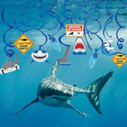 30Ct Shark Hanging Swirl Decorations, Ocean Birthday Theme, Under The Sea Party Supplies for Kids Decor