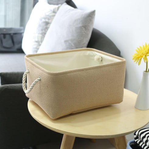 TheWarmHome Decorative Basket Rectangular Fabric Storage Bin with Handles for Clothes (Beige)