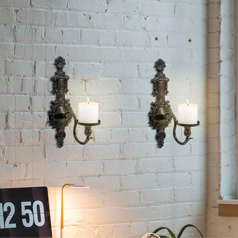 Set 2 GAKA Wall Sconce Candle Holder of Gothic Metal Candle Sconce Black Candle Holders Vintage Wall Mount Candle