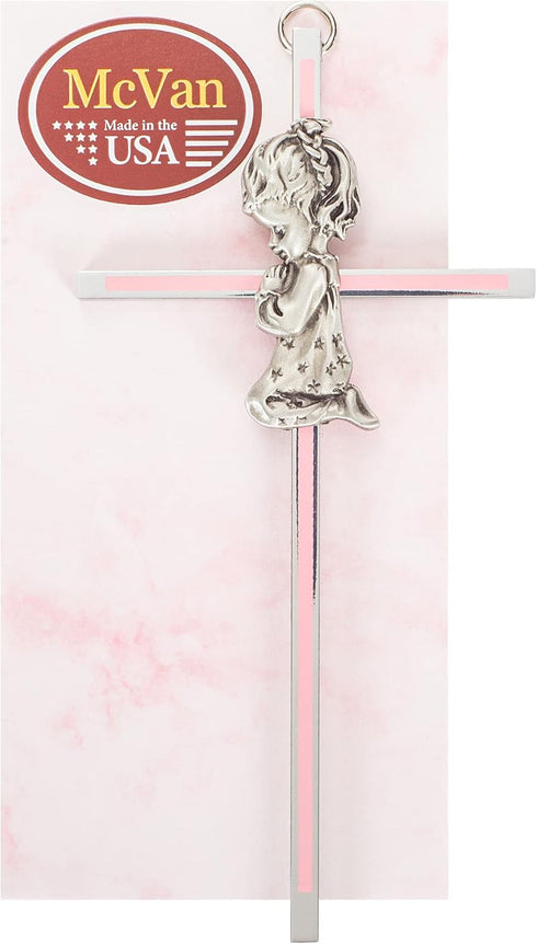 Praying Little Girl Pink Metal Hanging Wall Cross, 6 Inch