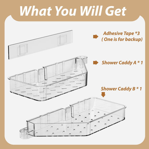 Shower Shelf Adhesive, Acrylic Corner Shower Caddy Hanging for Bathroom Kitchen Organization, Rotatable No Drilling