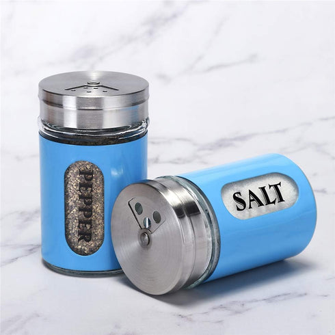 Salt and Pepper Shakers Stainless Steel and Glass Set with Adjustable Pour Holes, Blue