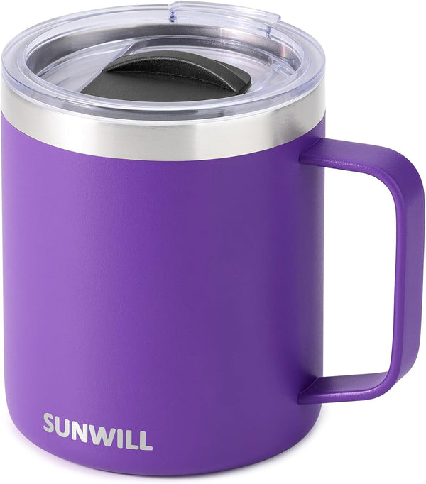 SUNWILL Insulated Coffee Mug with Lid, Travel Tumbler with Handle, 14 oz Stainless Steel Cup for Camping, Office, Home,