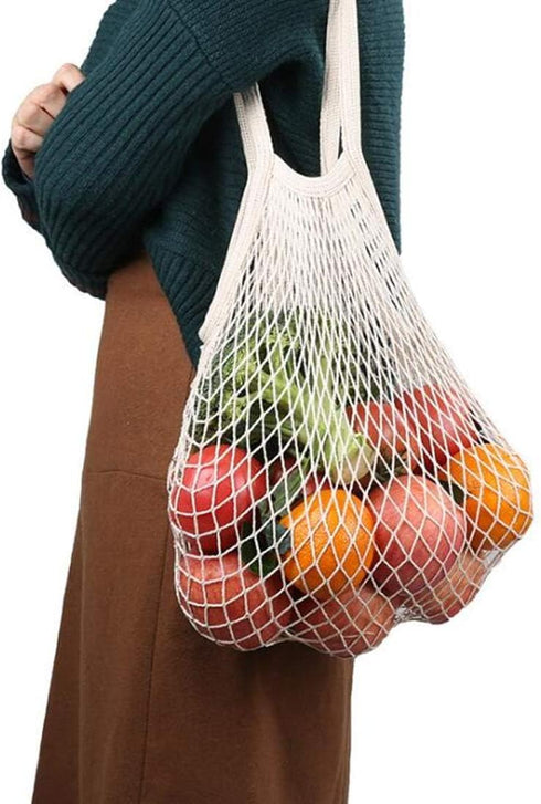 4 Pack Portable Reusable Grocery Bags - Washable Cotton Mesh String, Organic Shopping Handbag, Long Handle Net Tote