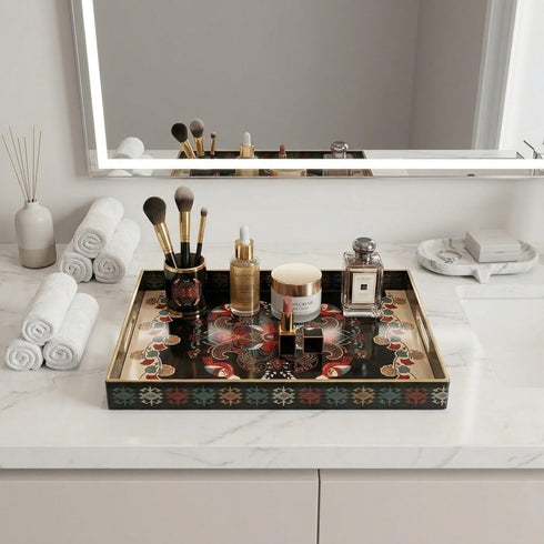 MaAixHom 15.8" 11.8" x Black Plastic Serving Tray with Handles, Bohemian Folk Art Bird & Mandala Pattern with Gold