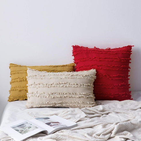 MIULEE Set of 2 Decorative Boho Throw Pillow Covers, Linen Striped Jacquard Pattern Cushion Covers, 12x20 Inch Beige