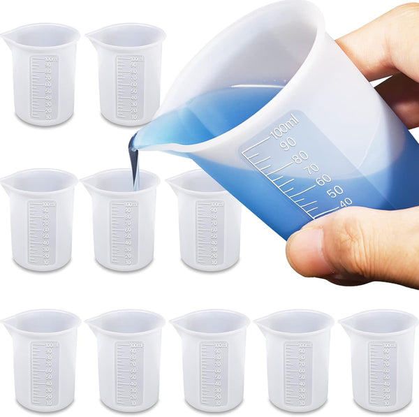Moukiween 10pcs Silicone Measuring Cups for Resin, 100ml Mixing Cups, Non-Stick Clear with Precise Scale for DIY Craft