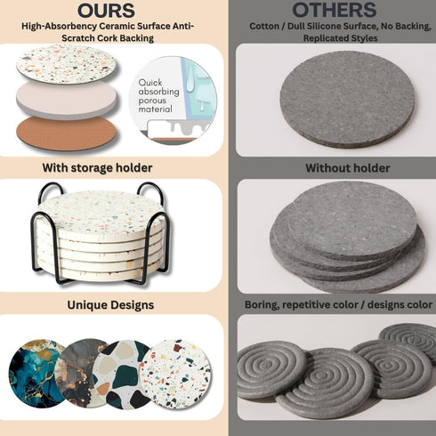 Set 6, Terrazzo Coasters of Ceramic Absorbent Drink Coasters, Cute Moisture Absorbing Coaster, Coffee Table Desk Decor