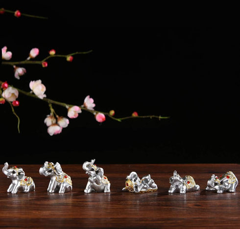 BRABUD Silver Resin Small Elephants Statues Home Decoration Gift Set of 6 BS122 (Silver)