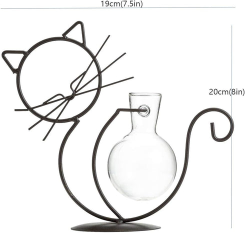 TJ Global Cat Glass Planter Vase Holder, Plant Terrarium, Propagation Station, Metal Stand for Hydroponics Plants Home