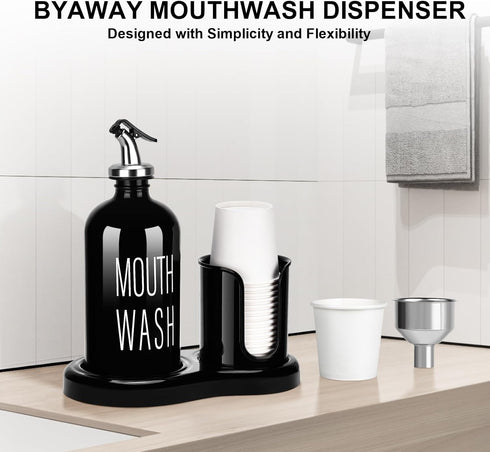 Set Bathroom,16 OZ 14 Glass Mouthwash Dispenser with Cup Holder,BYAWAY Mouthwash for Refillable Mouthwash Bottle