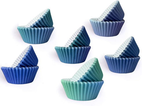 qiqee 300 Pcs Mini Gradient Cupcake Liners, 6 Designs Blue Gradient Baking Cups, Small Size Cupcake Wrappers