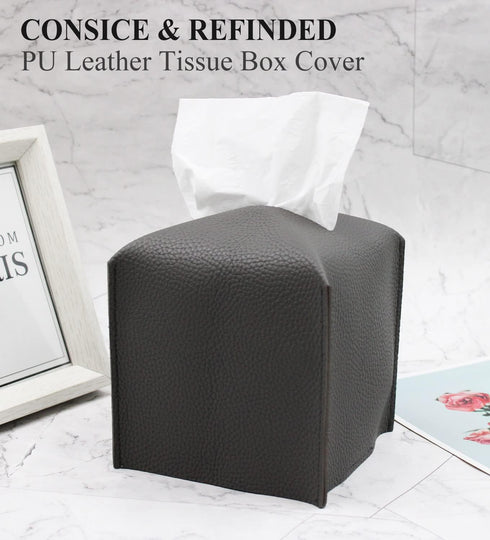 Livelab Square Tissue Box Cover, Decorative PU Leather Holder for Bathroom, Vanity, Night Stand, Desk, Dark Gray