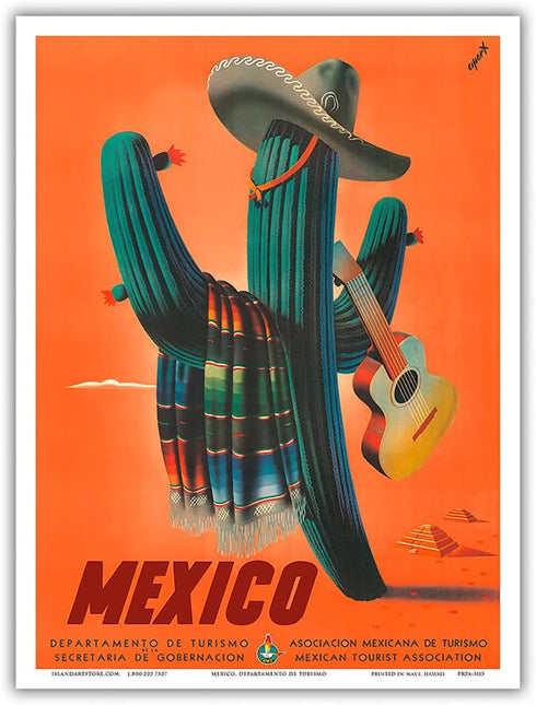 Mexico - Señor Cactus wearing Sombrero, Serape and Guitar, Vintage Travel Poster by Espert c.1945, 9in x 12in