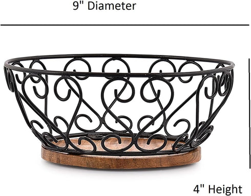 Iron Fruit Bowl with Wooden Base for Kitchen Countertop and Dining Room, 9" x 9" x 4"