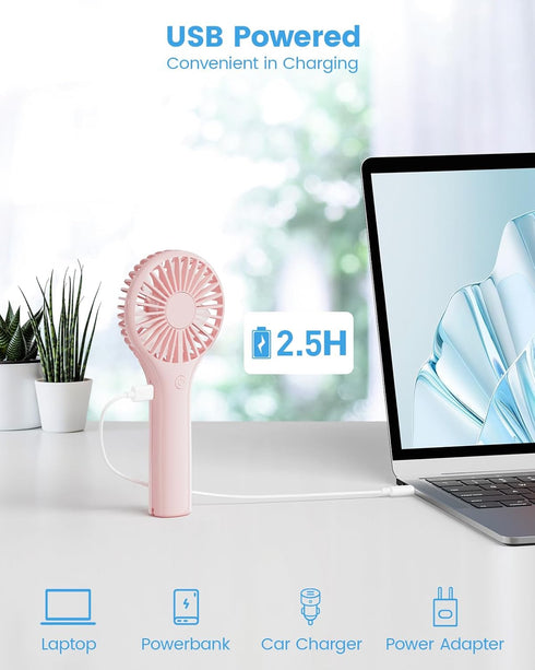 Handheld Fan, Portable Mini Fan with 3 Speeds, USB Rechargeable Personal Fan for Travel/Home - Pink