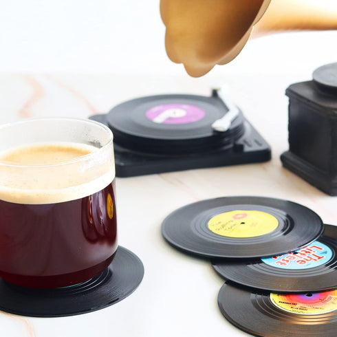 Funny Retro Vinyl Record Coasters for Drinks, Set of 6 with Vinyl Record Player Holder for Music Lovers, Gift Ideas
