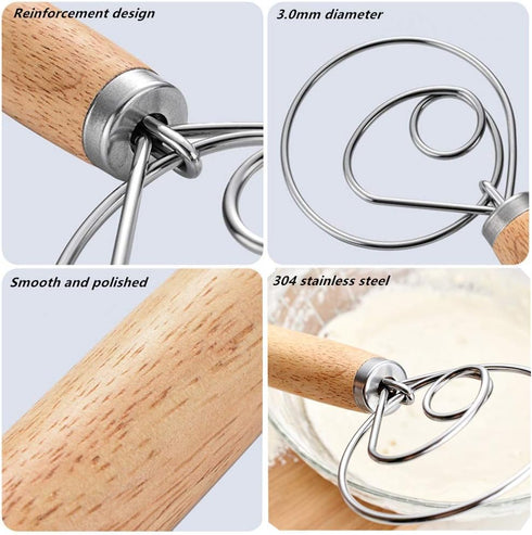 Danish Dough Whisk Sourdough Bread Mixer, 3 Pack Stainless Steel Dough Hook with Wooden Handle