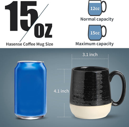 Set 4, 15 HASENSE Coffee Mugs of Ounce Ceramic Coffee Cups with Handles, Porcelain Large Latte Mug for Coffee