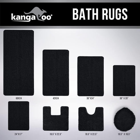 KANGAROO Luxury Chenille Bath Rug, Extra Soft Shaggy Mat for Kids Bathroom, Machine Wash, 24x17, Black