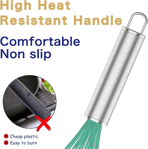 Teal Silicone Whisk Set of 3, Professional Non Scratch Cooking Whisks, Stainless Steel & Silicone Tool for Nonstick