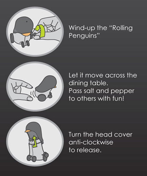 Rolling Penguins | Wind-Up Salt & Pepper Movers & Shakers | Penguin Salt & Pepper Shakers Roll Across The Table