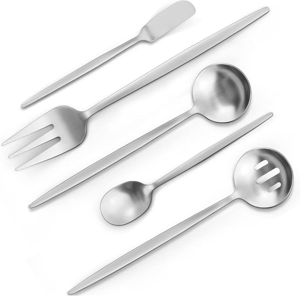 Matte Silverware Set, 5-Piece Round Stainless Steel Hostess Flatware Set, Satin Finish, Dishwasher Safe