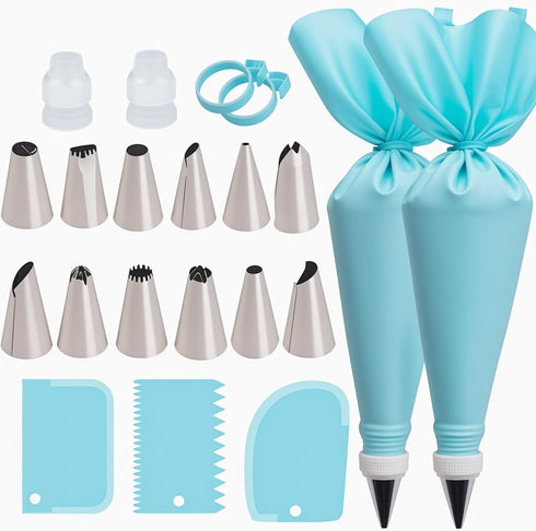 Piping Bags and Tips Set, Reusable Cake Decorating Supplies with 2 Bags, 12 Icing Tips, 2 Silicone Rings, 2 Couplers, 3