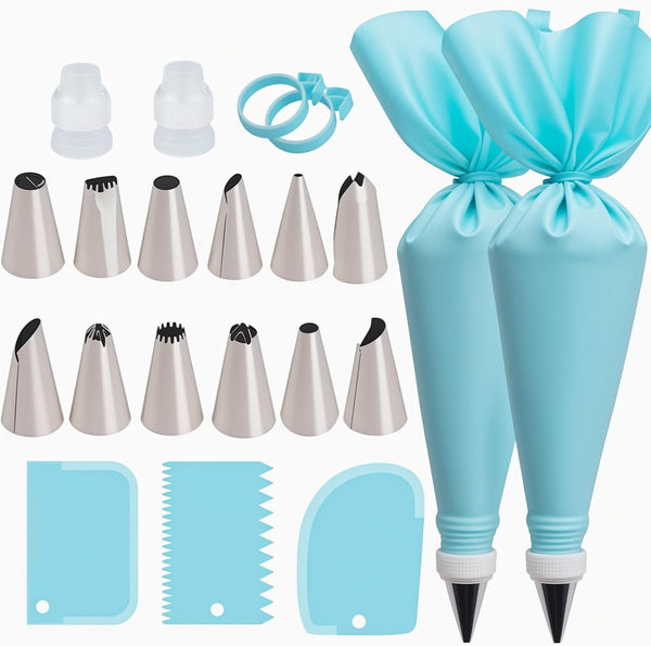 Piping Bags and Tips Set, Reusable Cake Decorating Supplies with 2 Bags, 12 Icing Tips, 2 Silicone Rings, 2 Couplers, 3