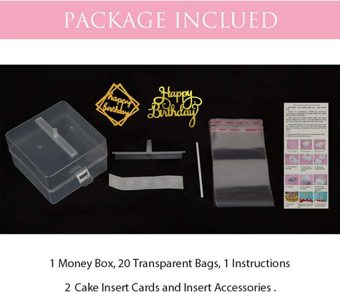 Money Pull Out Kit - Birthday Money Box with 1 Pcs Happy Birthday Cake Topper and 20 Transparent Bag Pockets