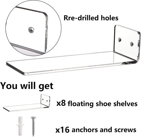 8 Pack 8 3 Inch Youeon Floating Shoe Display Shelf, x Acrylic Shoe Shelf for Wall, Floating Sneaker Shelves, Hanging